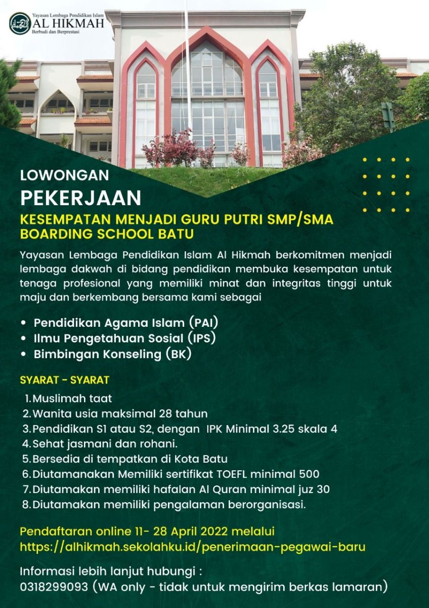 LOWONGAN GURU SMP/SMA BOARDING SCHOOL BATU - Karir | Pendidikan Guru ...